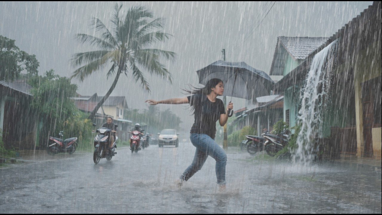 Heavy Rain Pours Over Indonesian Highway During the Day Walking in the Rain | Sleep Sounds ASMR Rain