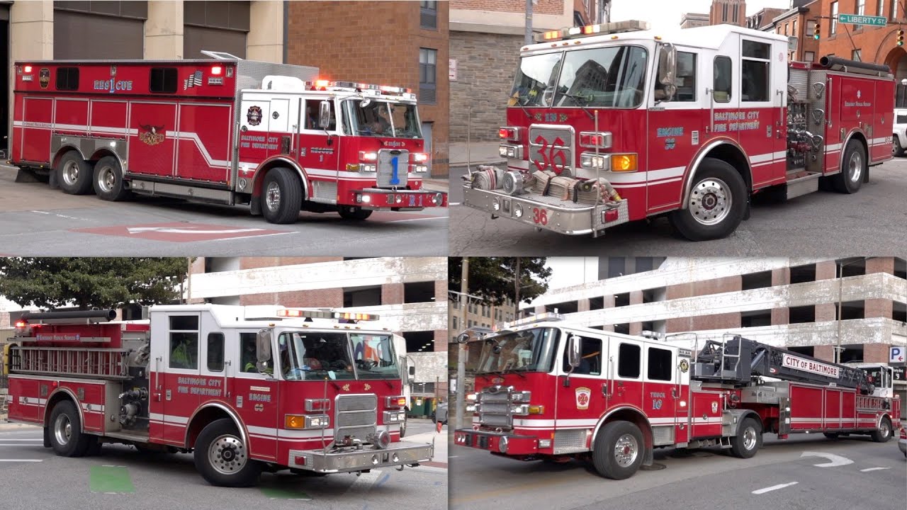 Fire Trucks Responding to Working High Rise Fire - Baltimore City Fire Department