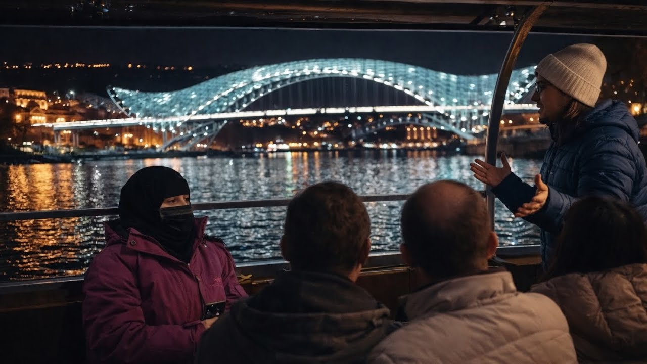 تجربة لا تُنسى 🚢 جولة ليلية في سفينة نهر تبليسي مع مرشدة سياحية جورجية تحت جسر السلام ✨ في جورجيا 🇬🇪