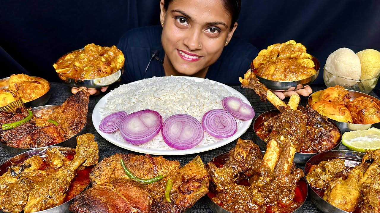 Mutton Fat Curry Mutton Curry Chicken Curry Egg Curry Fish Curry With Rice Rasgulla Eating Mukbang
