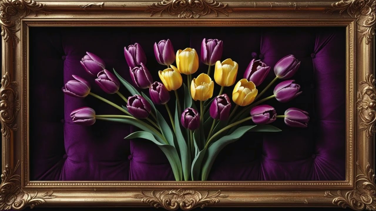 Golden Frame Screensaver – Purple & Yellow Tulips 🌸 Elegant Still Art for Relaxing Home Ambience