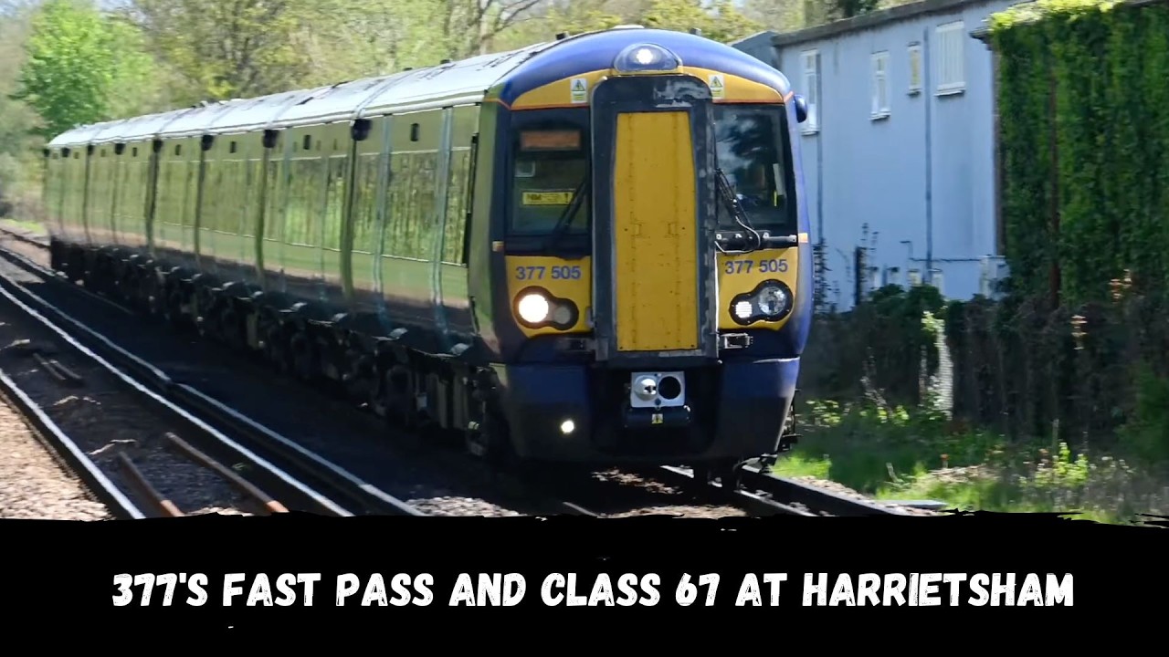 377505 & 377517 and Class 67 67006 pass through Harrietsham at speed