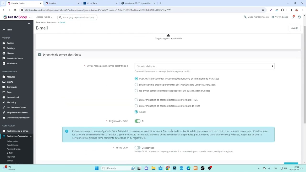 Configurar env&iacute;o de email, correos SMTP en tiendas PrestaShop 8.x, 1.7.x, 1.6.x