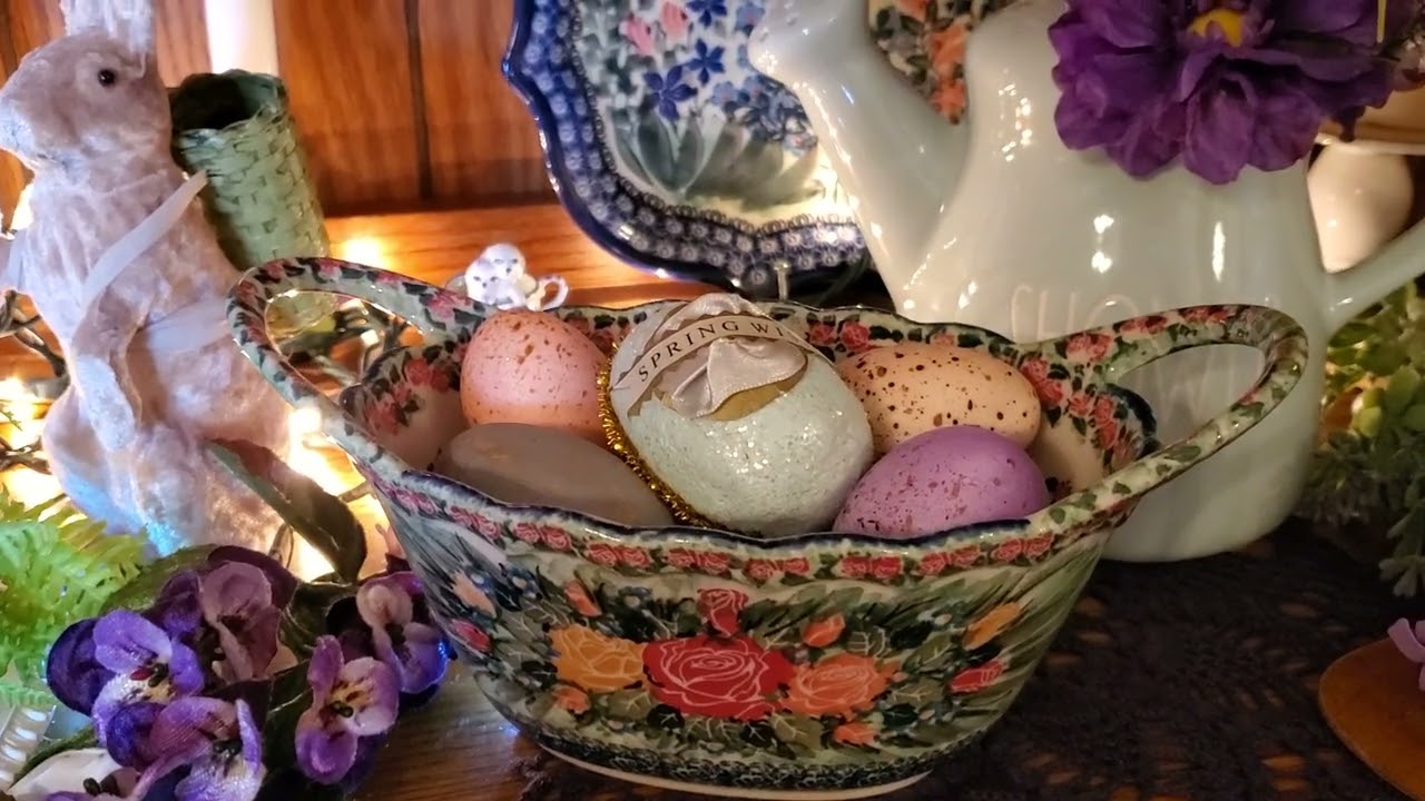 LIVING ROOM EASTER CUPBOARD WITH POLISH POTTERY, RAE DUNN & VINTAGE APRIL 8, 2022🌸🐇💙🐇🌸