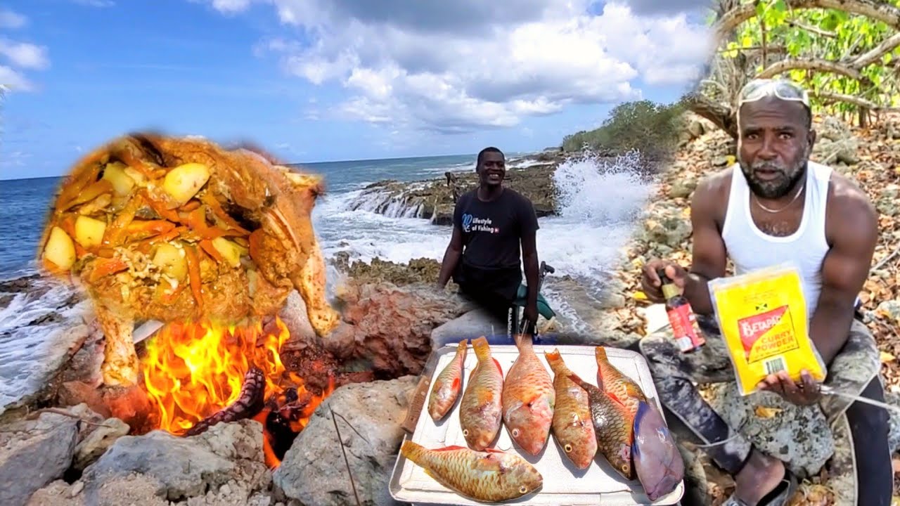 most delectable curry bake chicken in  🪨 oven underground while fishing in rough sea
