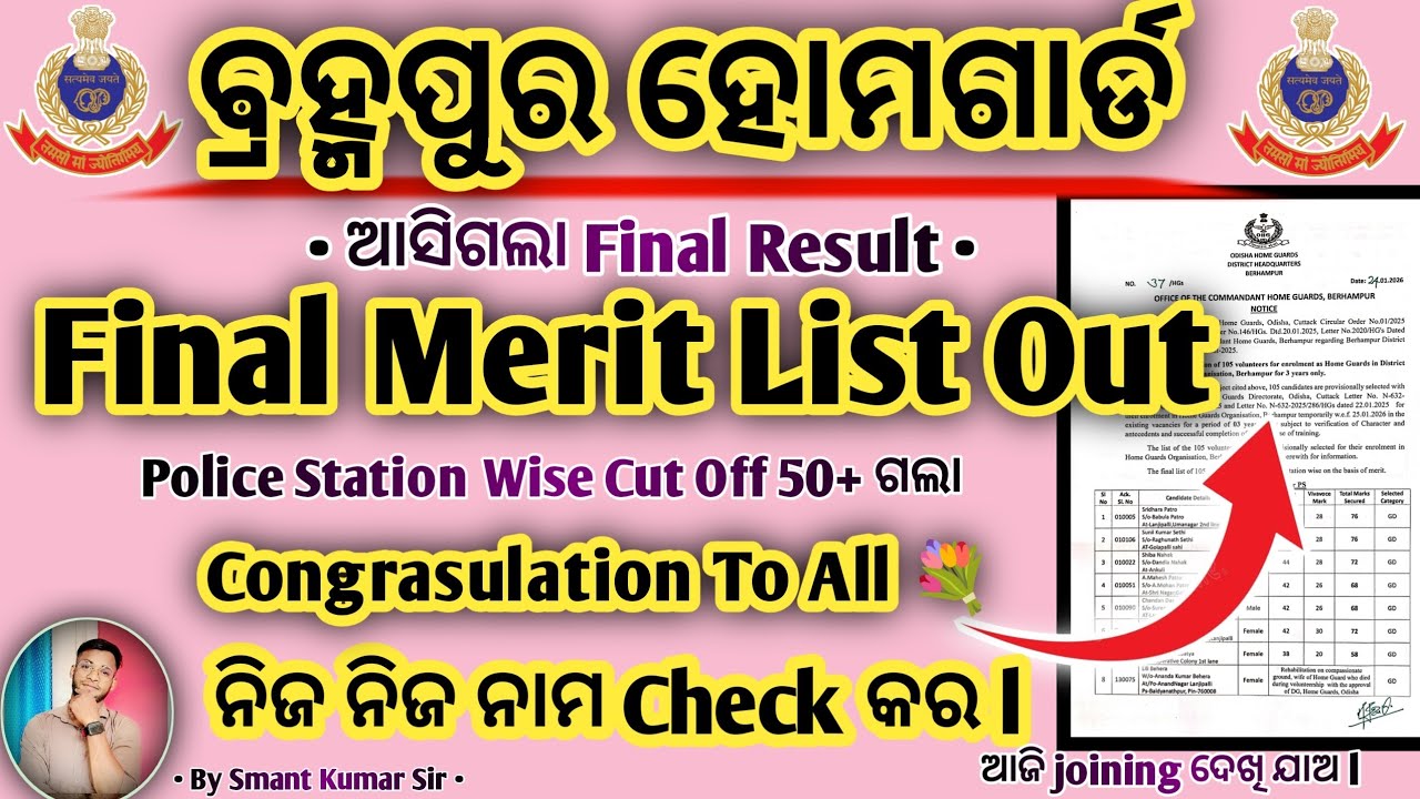 Berhampur Home Guard Final Merit List Out 2026 | Police station Wise Selection | Cut Off |By Smant 