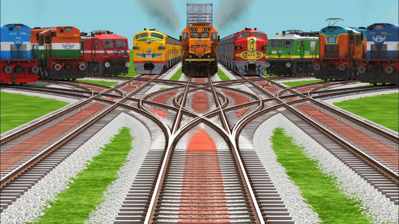 Nine Trains Crossing At Bumpy Railroad Tracks l high graphics train videos | train Simulator classic