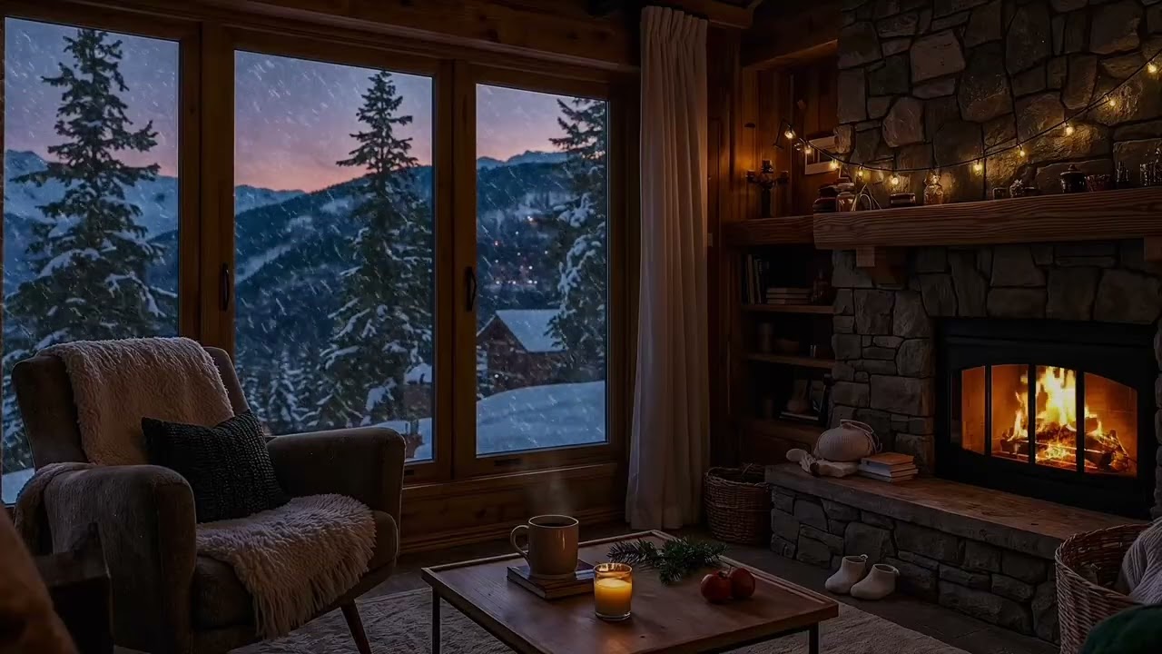 Cozy Snowy Night | Falling Snow, Gentle Wind & Warm Fireplace