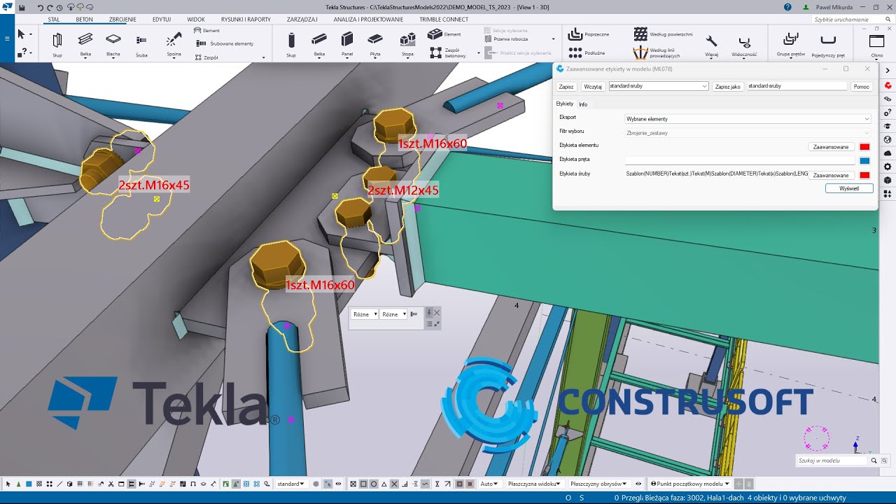 Tekla Structures | Etykiety dla srub w modelu | Bolt labels | ML078