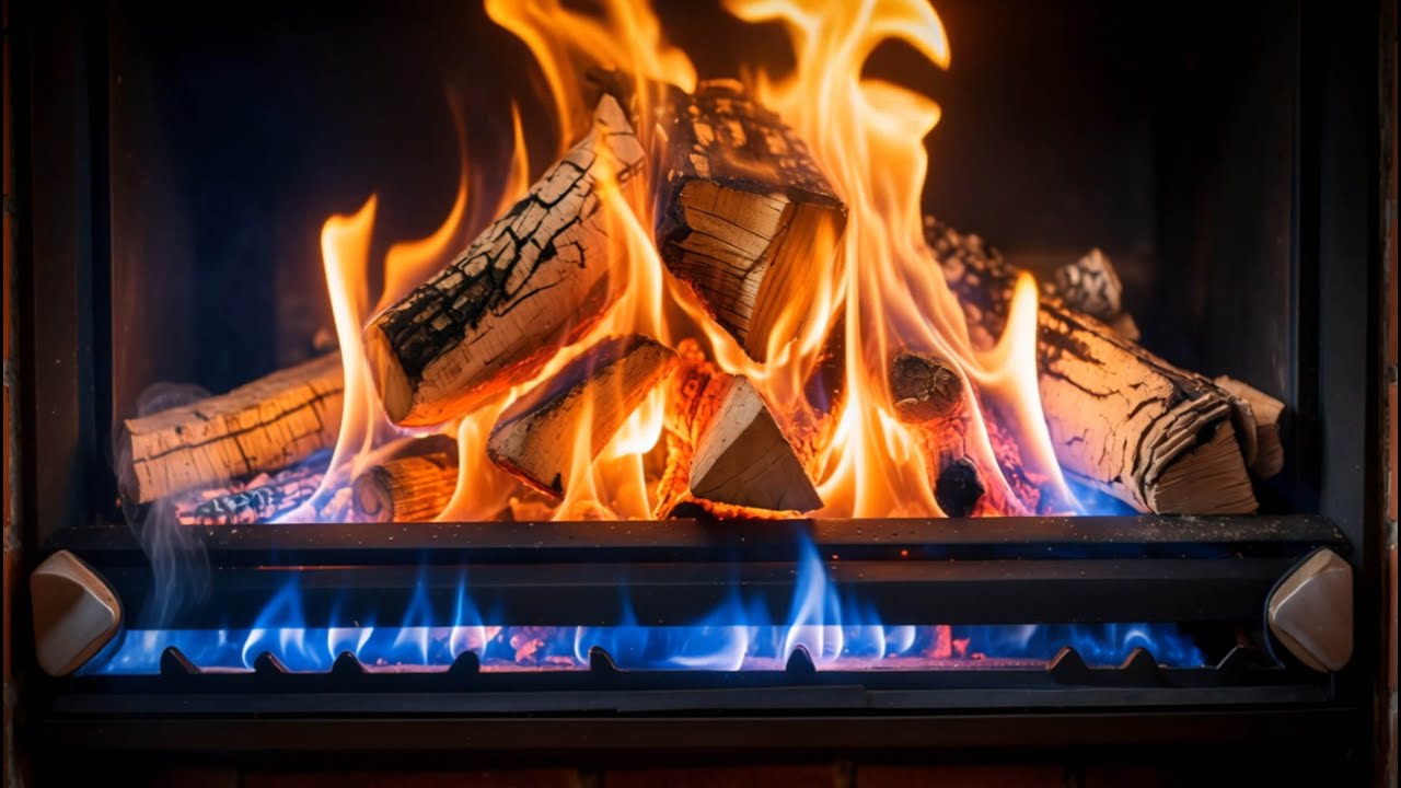 🔥 Enjoy a Cozy Fireplace with Blue Flames, Orange Fire, and Gently Burning Wood Logs