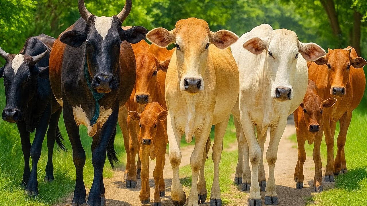 Aktivitas Sapi Lembu Berkerumunan di jalan, Suara Sapi Moo, Gembala sapi lucu yang sehat dan gemuk