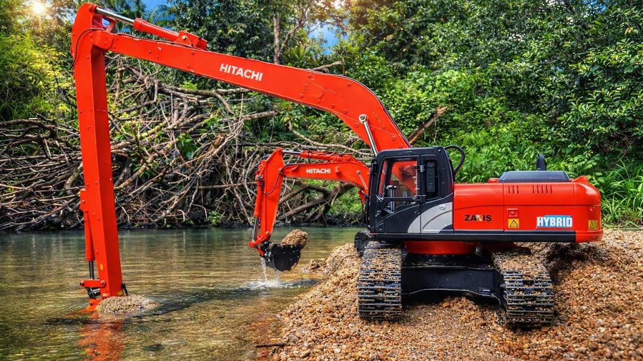 Strong Scale 1/16 : Dual RC Excavator Hitachi Cleaning The Big River