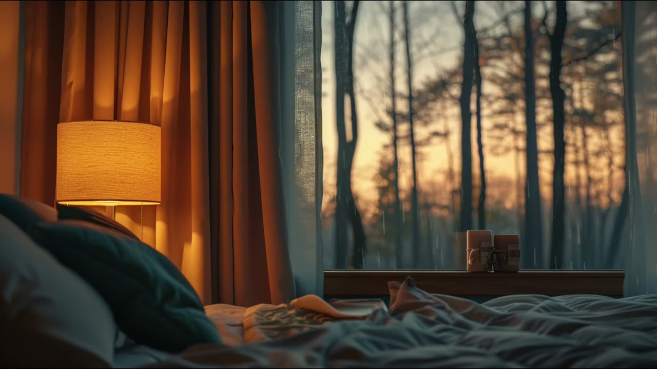Deep Sleep Piano | Cozy Rainy Sunset Bedroom by the Window (8 Hours)