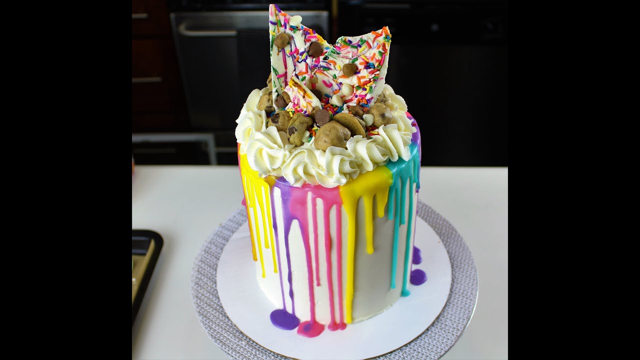 Easy Colorful Drip Cake with Edible Cookie Dough I CHELSWEETS