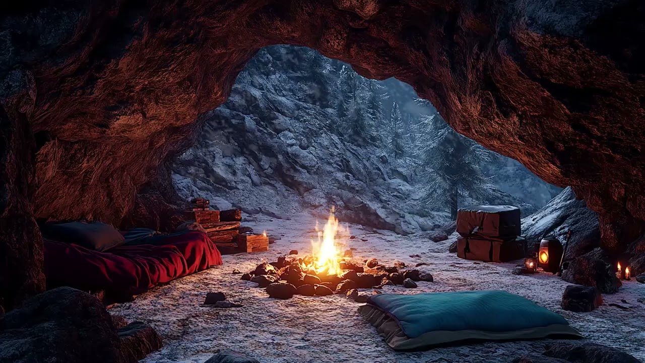 Fierce Blizzard Outside a Cave | Cozy Fireplace Warmth Inside for Calm Sleep and Comfort