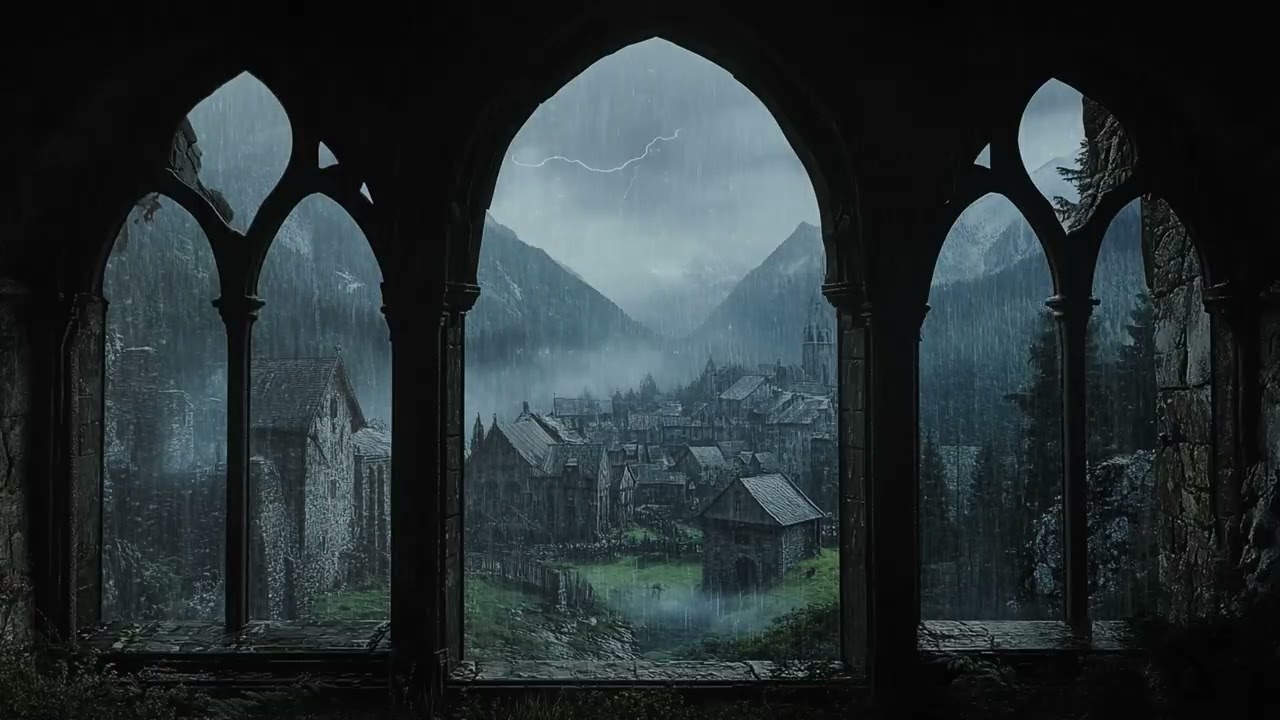 4K Medieval Castle Window Rain | Soft Rain Ambience for Reading Background
