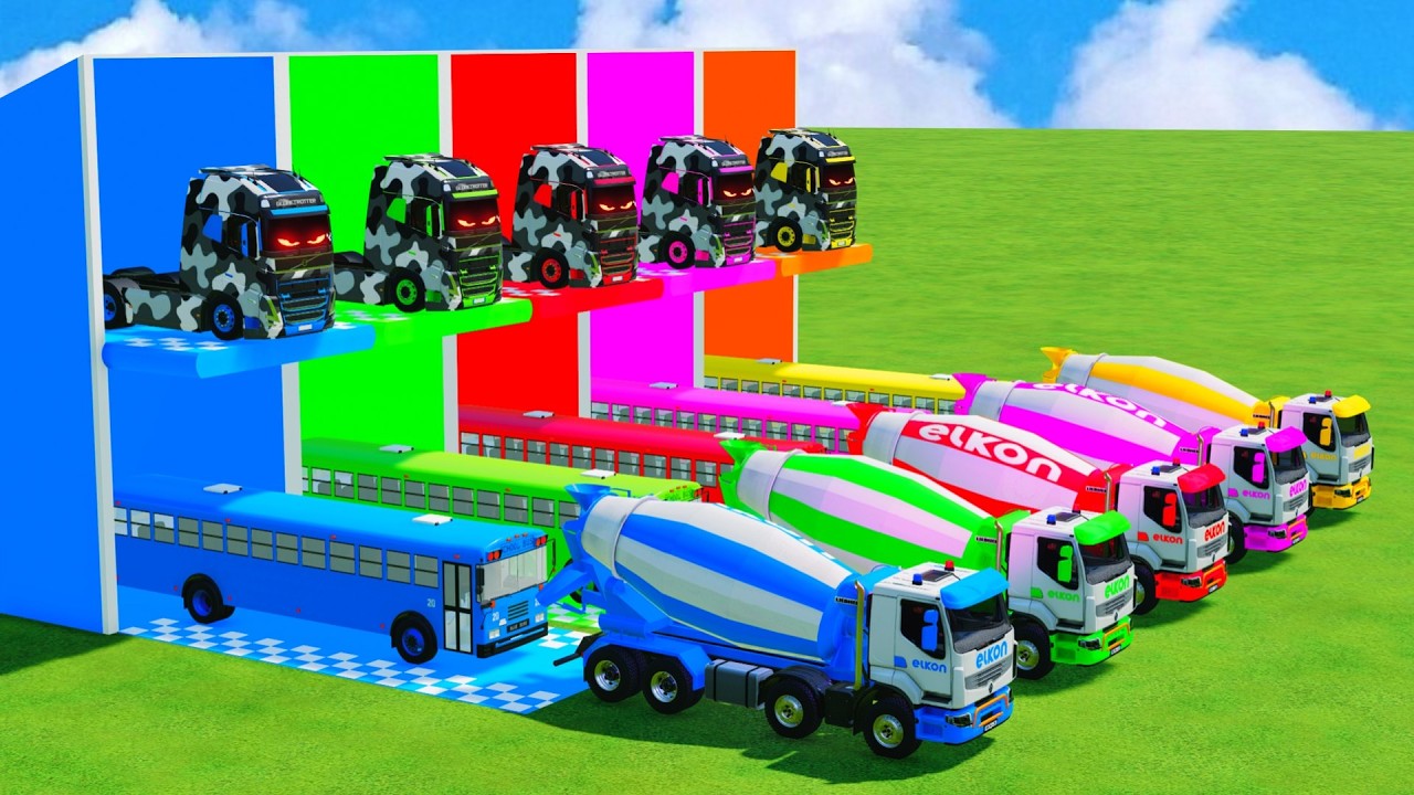 Garage with Colors - ALL MIXER TRUCK WITH DOUBLE FLATBED TRAILER TRUCK, KAMAZ, SCANIA, PETERBILT