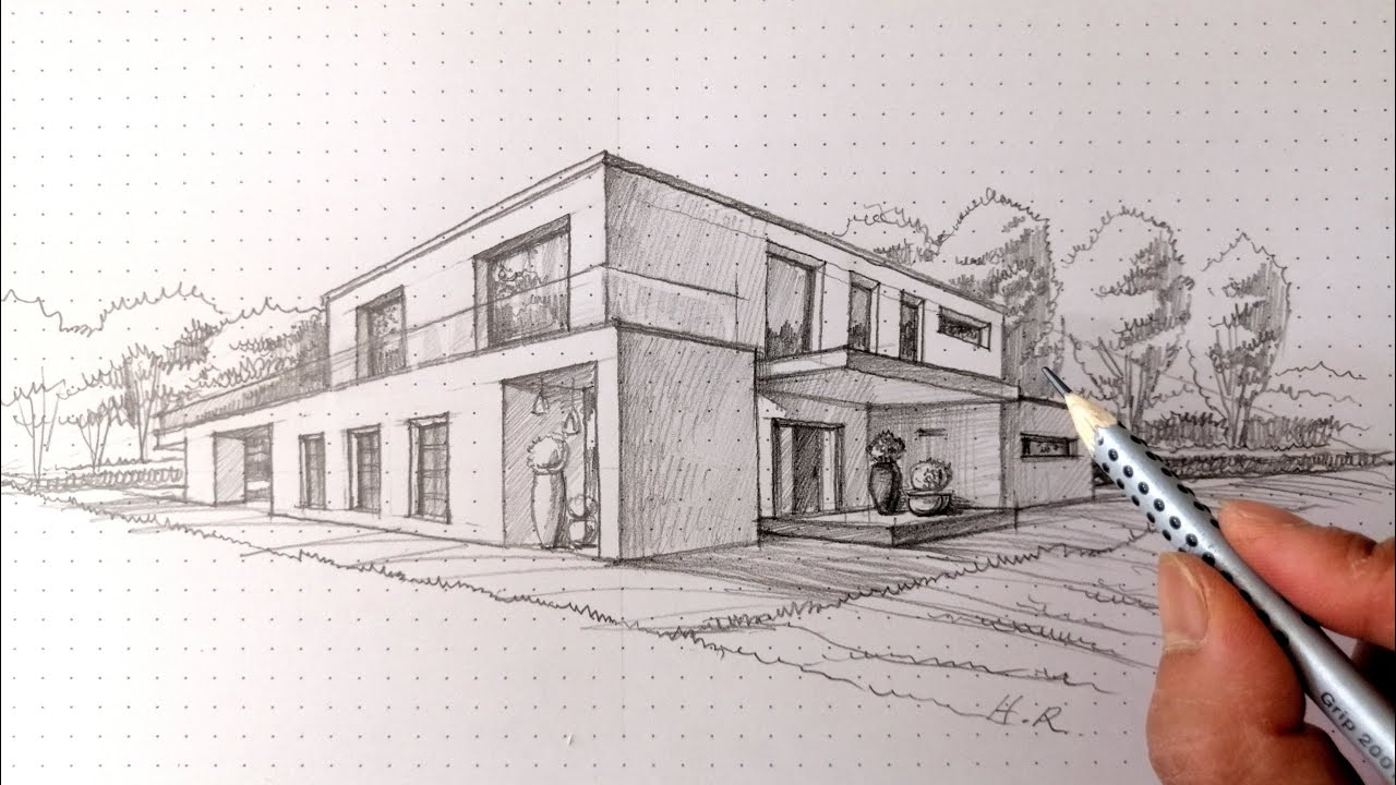 Wie man modern Haus in 2 Punkt Perspektive zeichnen