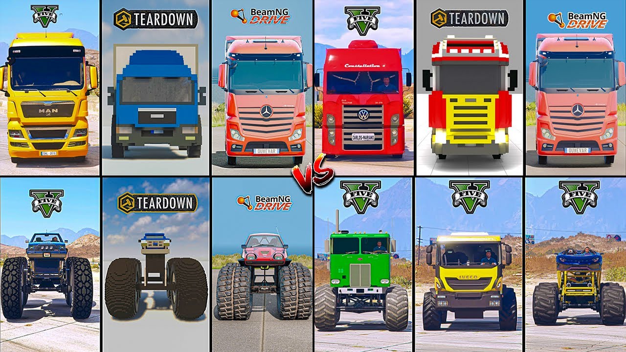 VOLKSWAGEN TRUCK VS MONSTER VS MAN VS ACTROS TRUCK IN TEARDOWN VS BEAMNG - WHICH IS BEST  ?