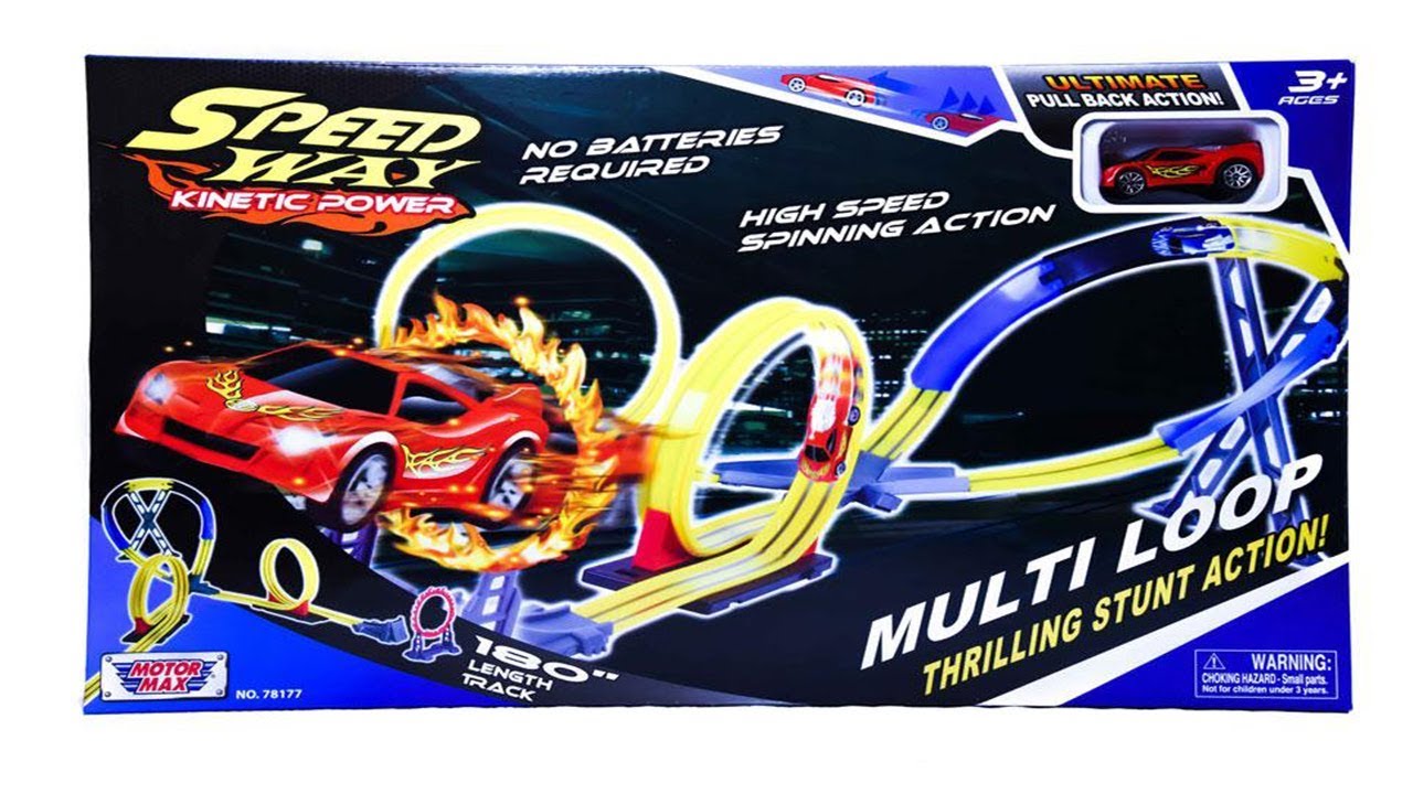 Speed Way Kinetic Power Triple Loop Track by Motor Max Playset, Pull Back Racer, Lots of Toys