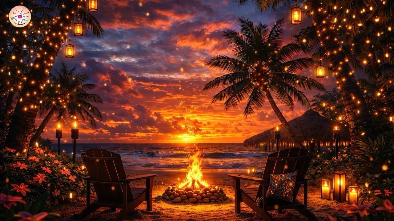 Relaxing Music for Sleep, Focus & Stress Relief | Tropical Sunset Campfire Ambience | Ocean Waves