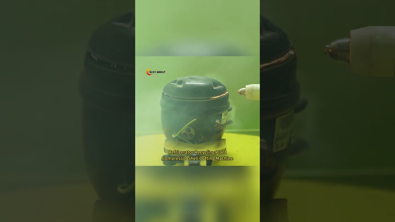 Refrigerator recycling plant: Black compressor shell cutting machine!