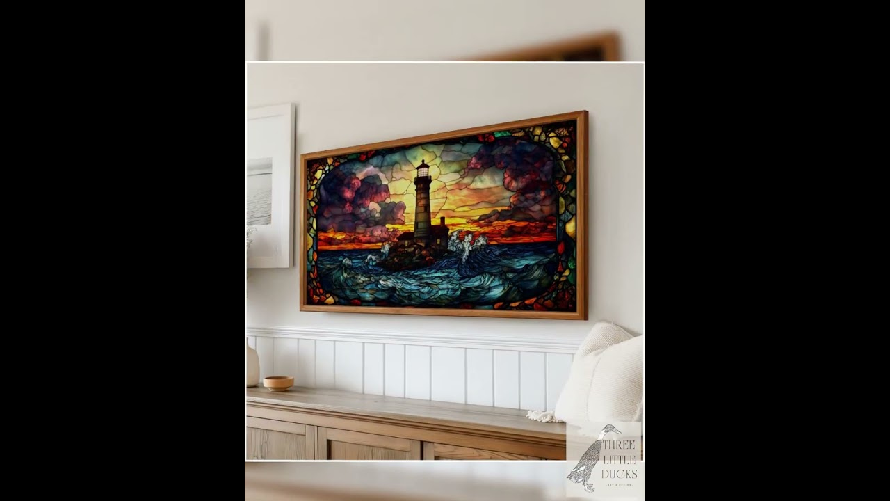 Victorian Lighthouse Stained Glass Frame TV Art, Colorful Ocean Sunset Art, Samsung TV Decor, Vin...
