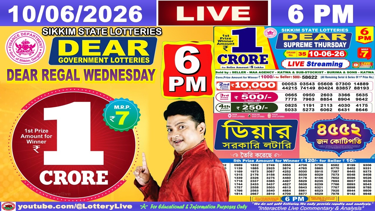 [LIVE] Lottery 6:00 PM Dear Sikkim state lottery live draw result 10.06.2026 | Lottery live