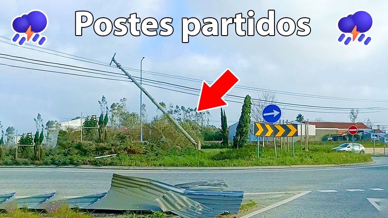 Tempestade em Leiria ⛈️ Poste de madeira partido na rotunda