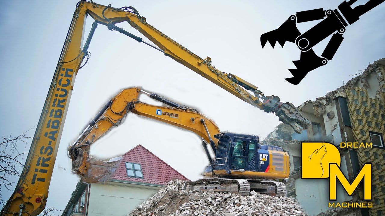 CATERPILLAR 349E LONGFRONT BAGGER ABBRUCH IM WOHNGEBIET I SCHWERTRANSPORT  BAUSTELLE DREAM MACHINES