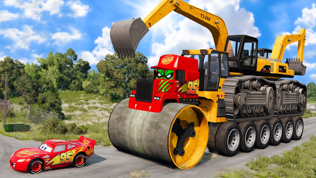 Giant CRUSHER DOZER Mack Truck Eater VS Cars Lightning McQueen Escape Monster Beamng Drive #23