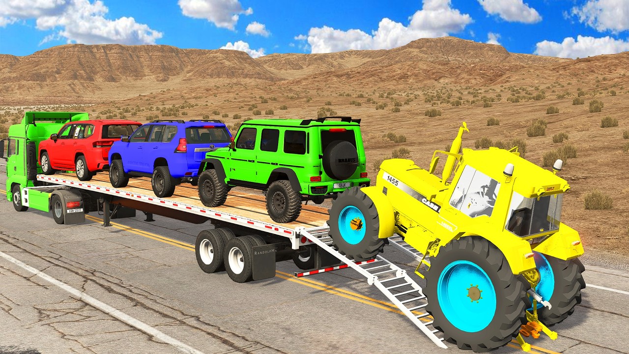 Flatbed Trailer McQueen Transportation with Truck - Speedbumps vs Cars vs Train - BeamNG.Drive #001