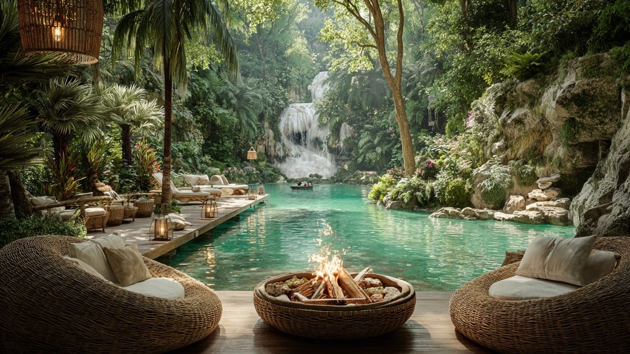 Jungle Lagoon Waterfall | Crackling Fire & Forest Birds for Deep Relaxation