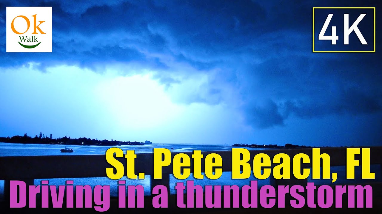 4K Driving from St Pete Beach to Clearwater, Florida, USA with night heavy rain and lightning