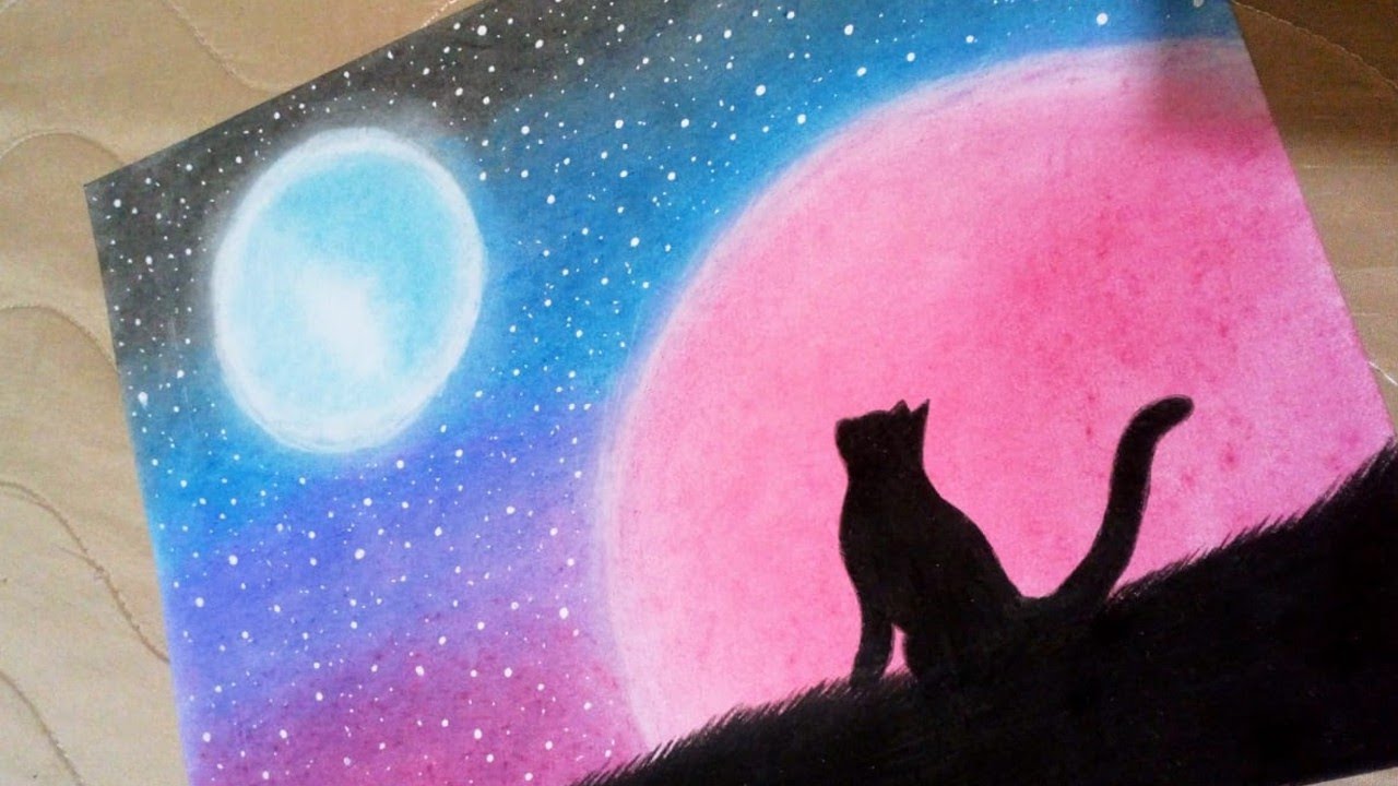 🐱 Como dibujar un paisaje nocturno con colores ( PAISAJE DE UN GATO )