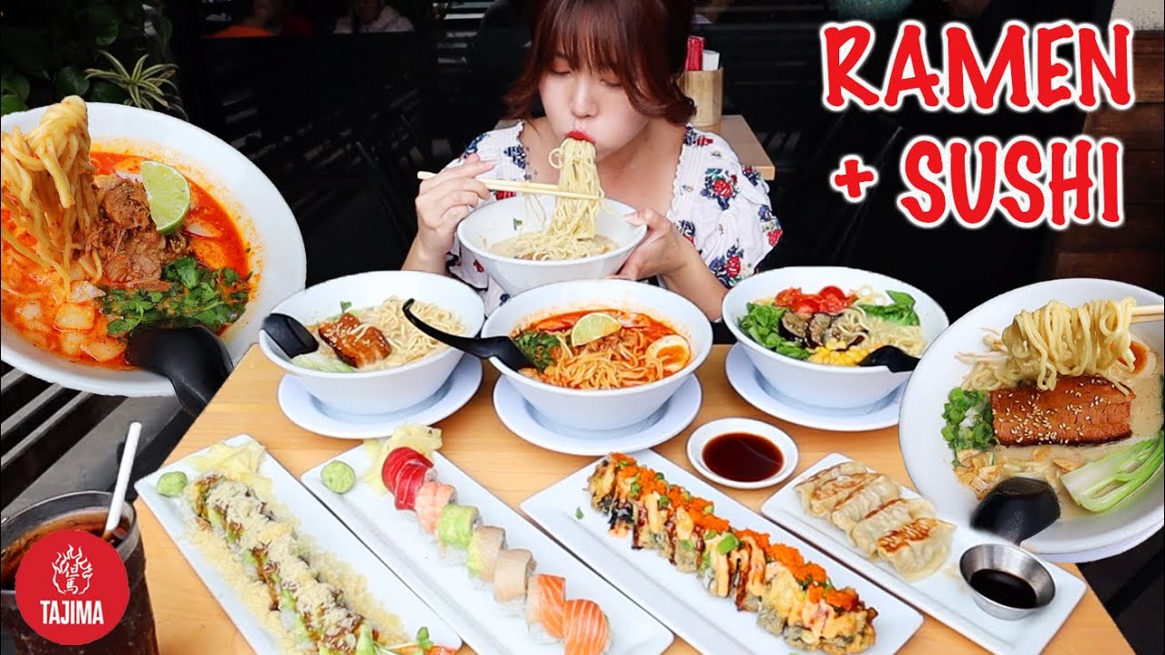 RAMEN & SUSHI MUKBANG 먹방 in San Diego! Carnitas Ramen, Tonkotsu Ramen, Rainbow Roll Japanese Food