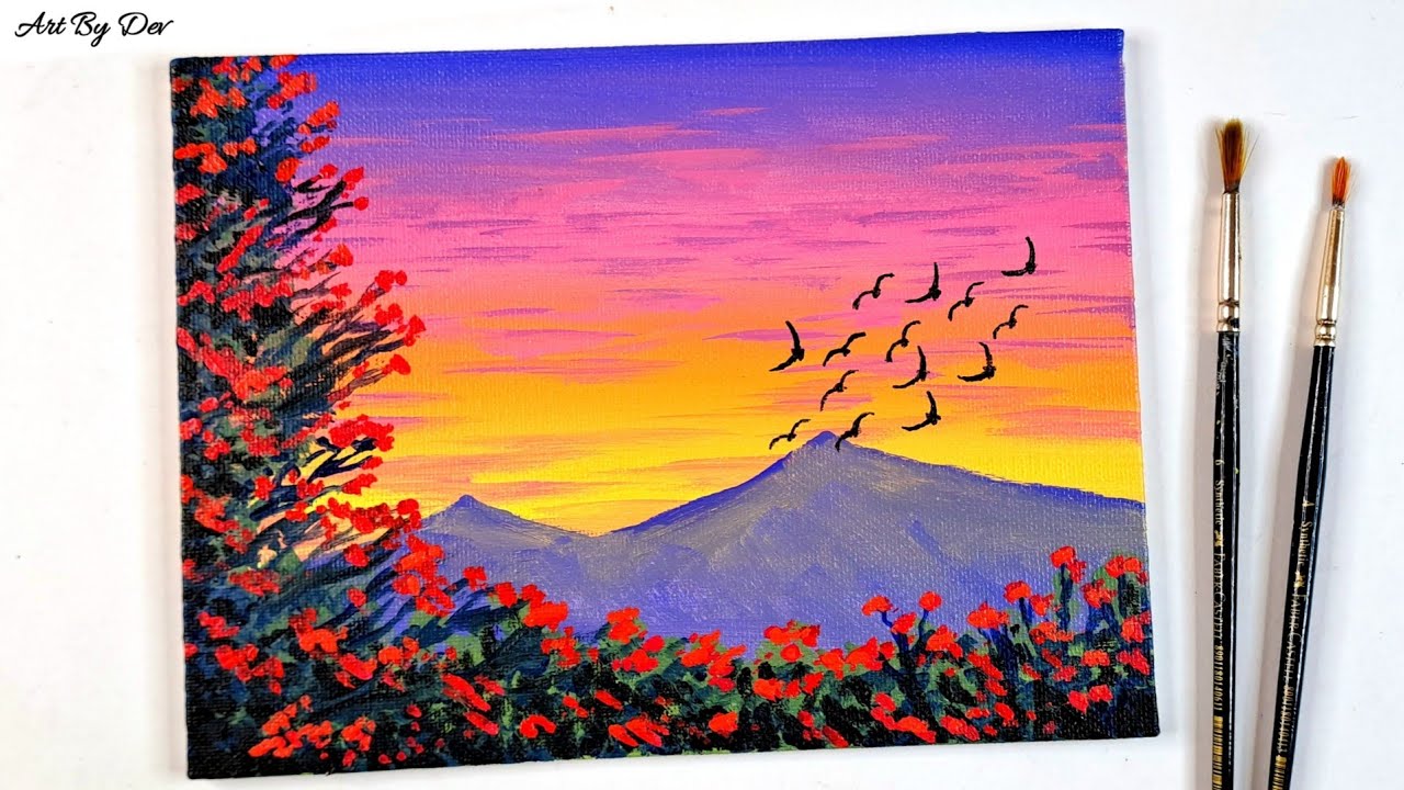 Easy Scenery Painting | Acrylic Painting | Flower Painting / Sunset Scenery Painting - For Beginners