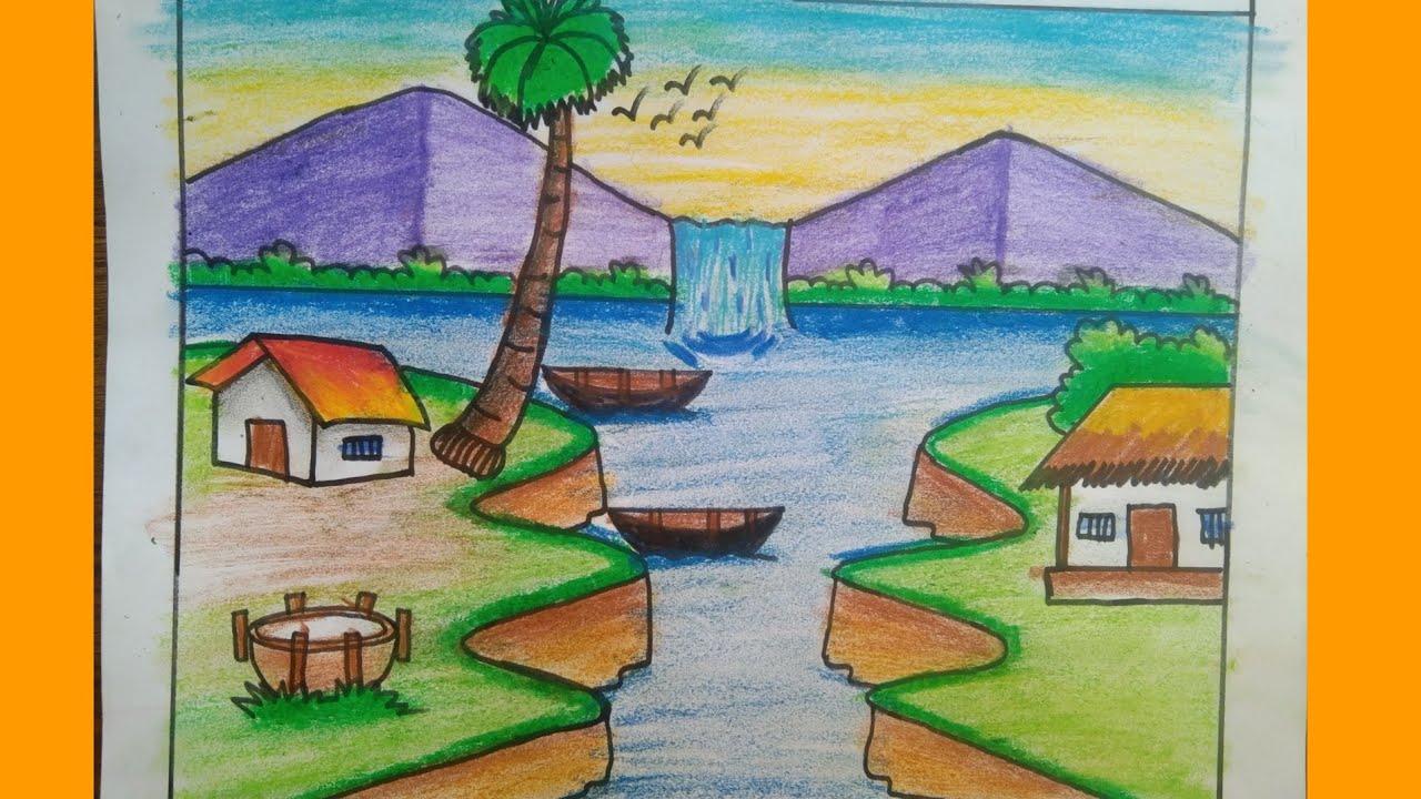 Beautiful waterfall scenery drawing | How to draw scenery /drawing tutorial 