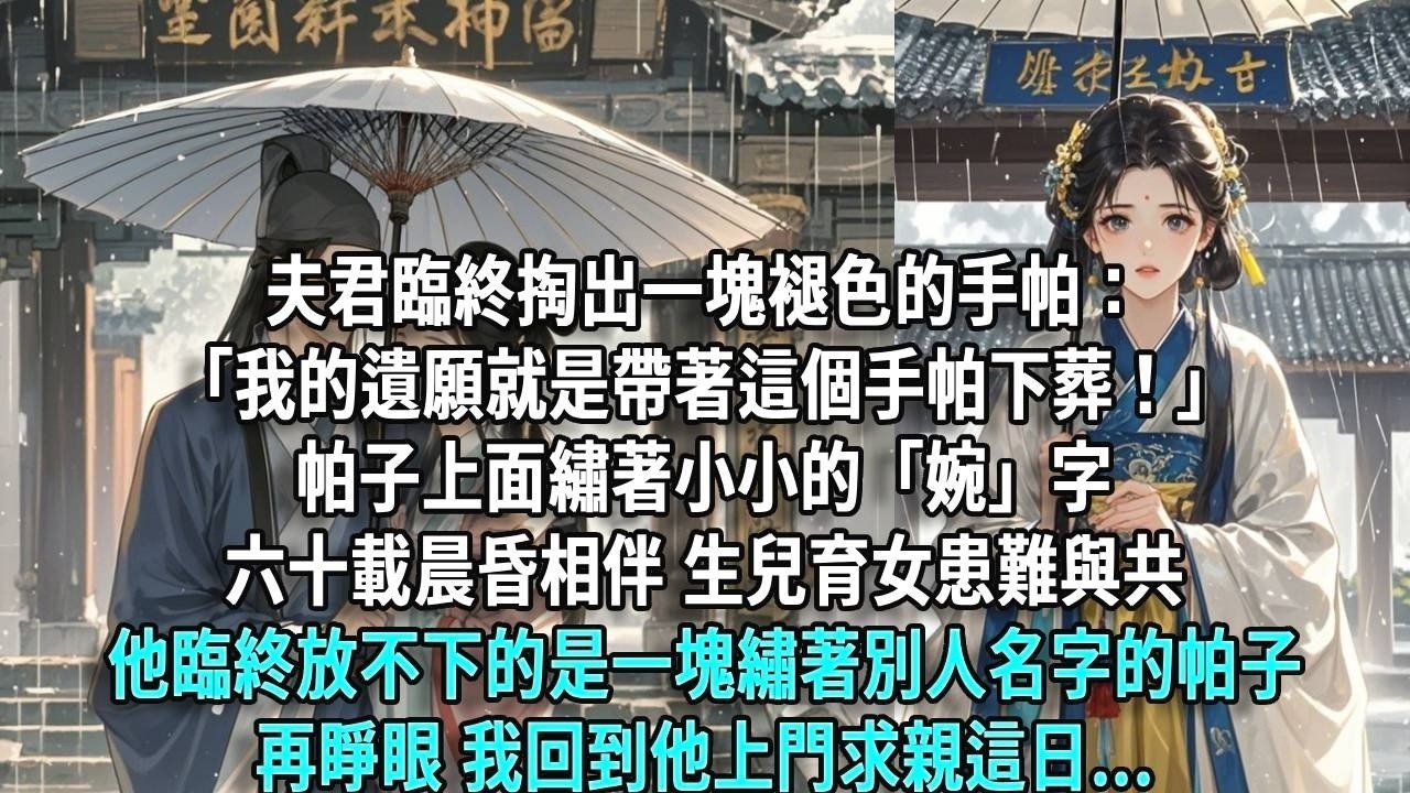 夫君臨終，掏出一塊褪色的手帕：「我的遺願就是帶著這個手帕下葬！」帕子上面繡著小小的「婉」字。六十載晨昏相伴，生兒育女患難與共，他臨終放不下的，是一塊繡著別人名字的帕子。再睜眼，我回到他上門求親這