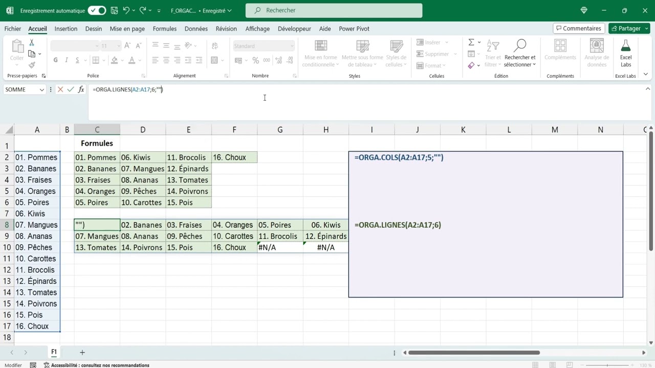 Excel - Fonctions ORGA.COLS et ORGA.LIGNES, réorganiser une ligne ou une colonne en un tableau