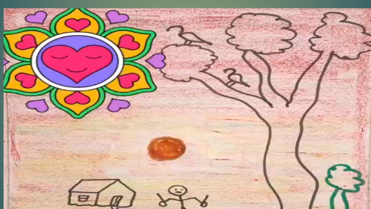 Ghar, Ped aur Mandala Heart वाला गाँव का Drawing | Easy Pencil + Oil Pastel