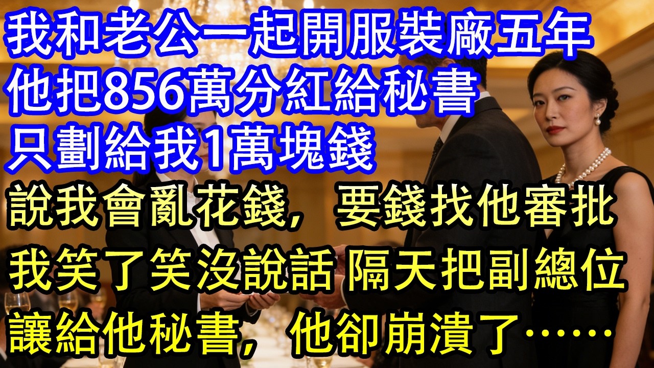 我和老公一起開服裝廠五年他把856萬分紅給秘書只劃給我1萬塊錢說我會亂花錢，要錢找他審批我笑了笑沒說話 隔天把副總位讓給他秘書，他卻崩潰了……