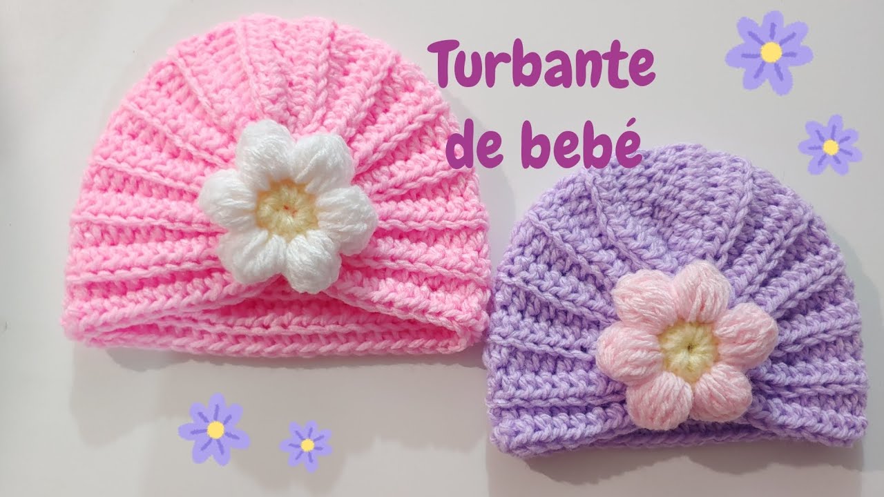 Turbante para bebé a gancho y flor puff 🌺 en 2 tallas , recién nacido a 3 meses y 3 a 6 meses