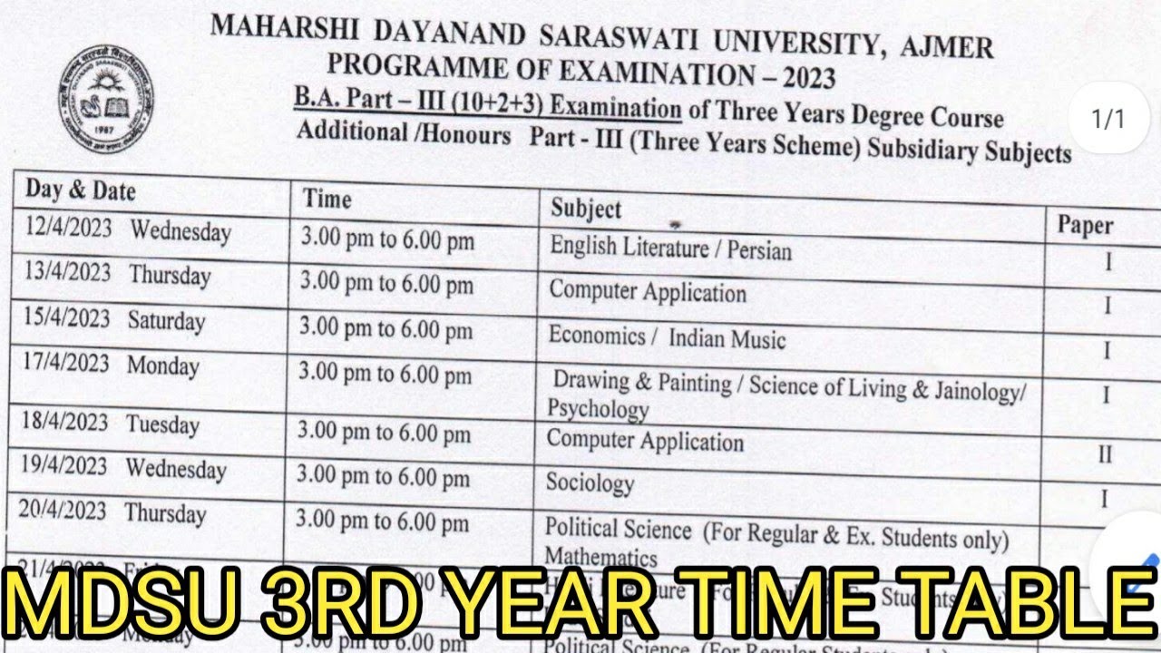 mdsu BA 3rd year time Table 2023, Mdsu Final year time table 2023 #timetable2023 #mdsuexam