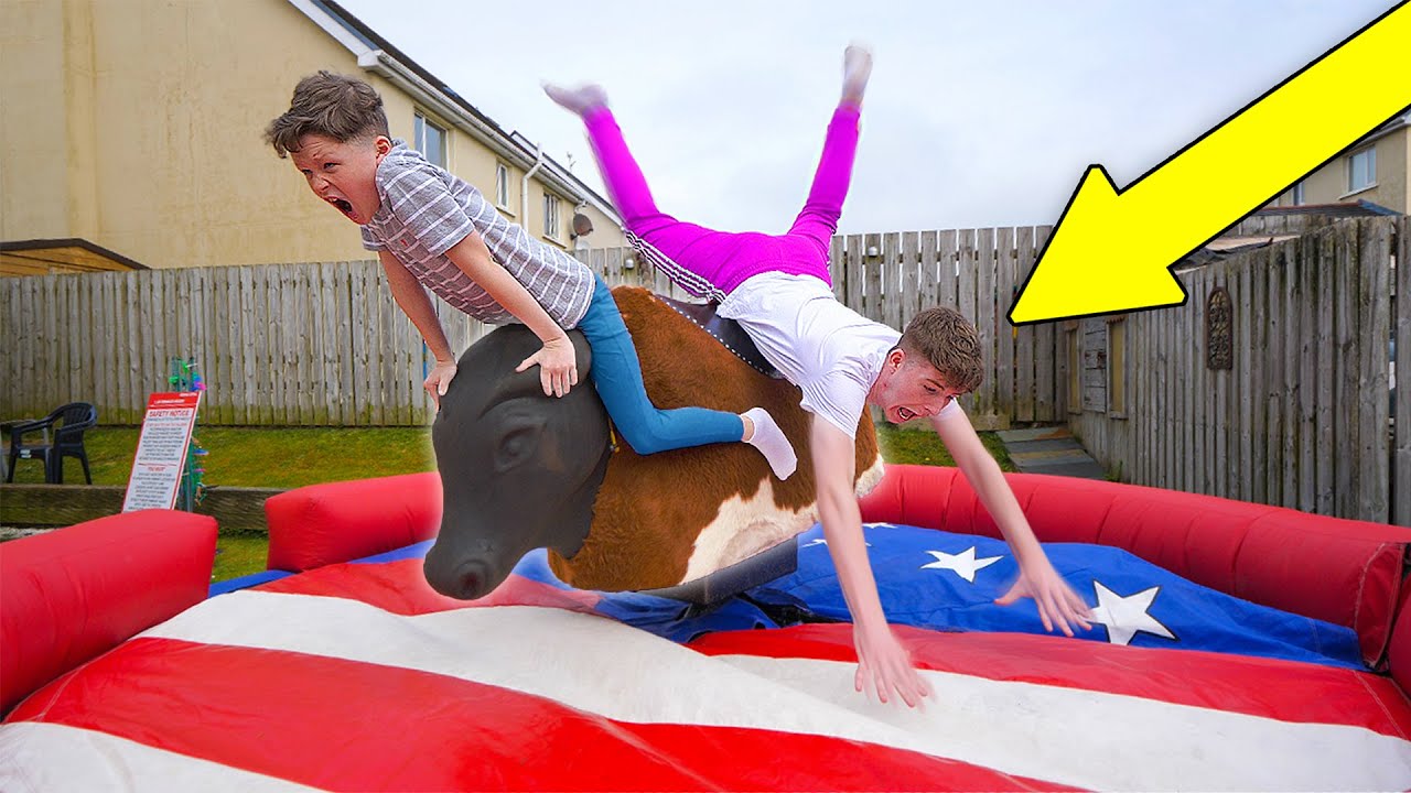 Last To Fall off MECHANICAL BULL Wins $10,000 - CHALLENGE!!