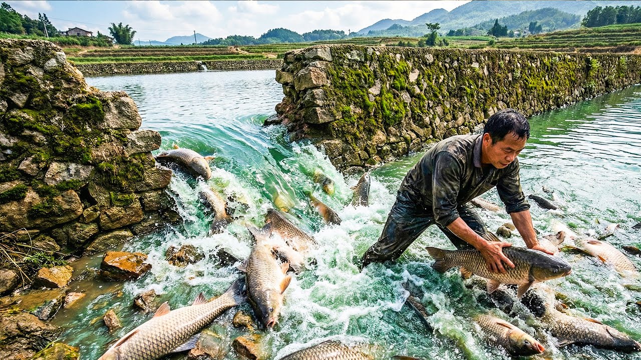 Breaking Down the Wall Between Two Ponds – Catches HUGE Fish Built Over 5 Years