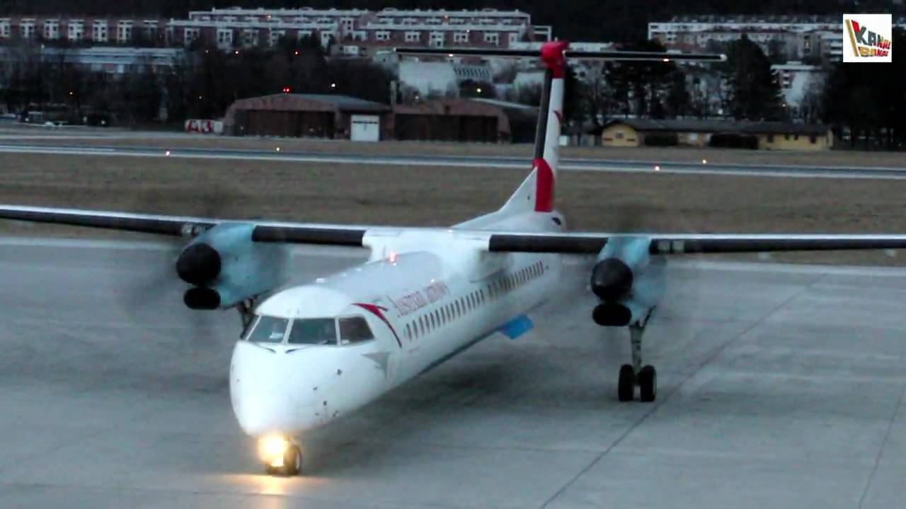 Warmlaufen und Start AUA Propellerflugzeug