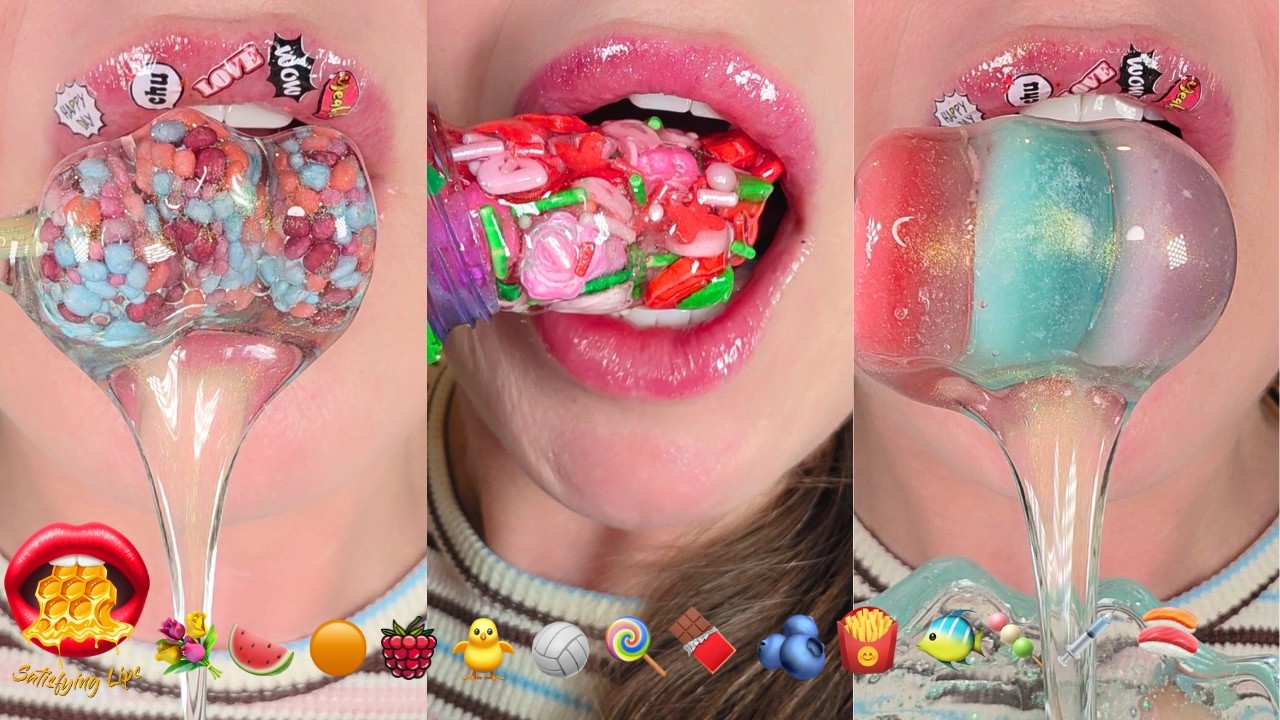ASMR Satisfying Eating Emoji Food Challenge Wax Candy Frozen Honey Fondant