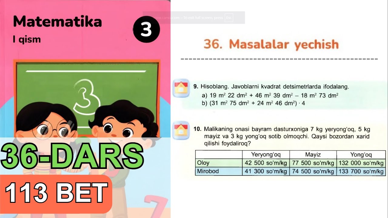 3 SINF. MATEMATIKA. 36-Dars. Uy vazifa - 113 bet
