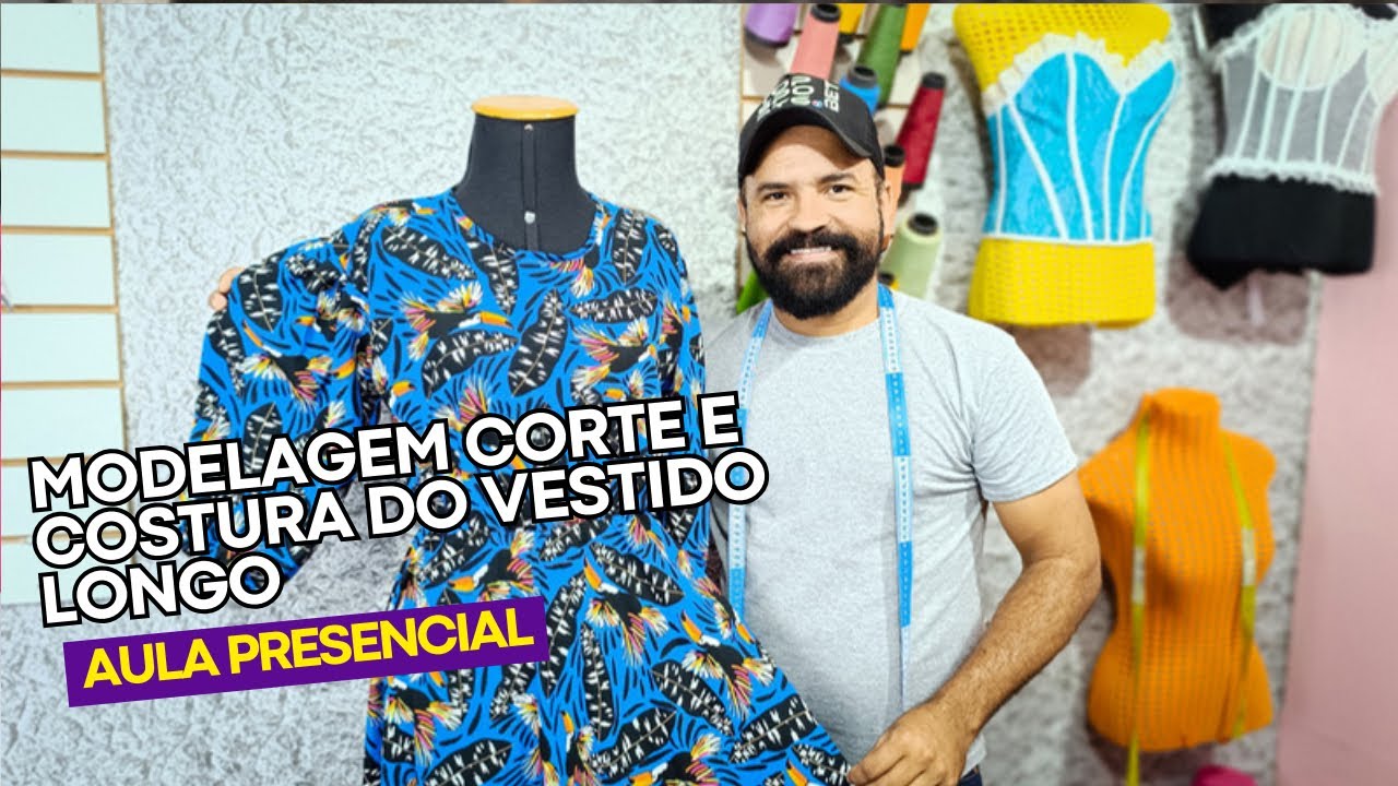 MODELAGEM CORTE E COSTURA DO VESTIDO LONGO COM MANGA BUFANTE #livedehoje#moldesderoupas #live